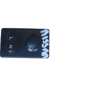 Front view of a rectangular car door mirror control switch with multiple buttons and a central knob.Front view