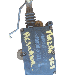 Front view of a single car door lock actuator, clearly showing mounting points and wiring connector.Front view