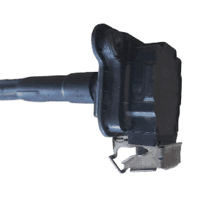 Front angled view of a 3-pin ignition coil for 1.8T engines, clean and detailed.Front angled view of a 3-pin i
