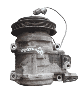 Front view of a car aircon pump for Kia Shuma, showing the pulley and mounting points.Front view of a car airc