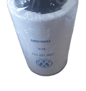 Front-facing view of a new VW diesel fuel filter with visible metal housing and plastic connectors.Front-facin