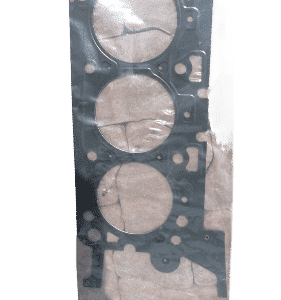 New cylinder head gasket displayed flat from top view showing intricate sealing layers and holes.New cylinder